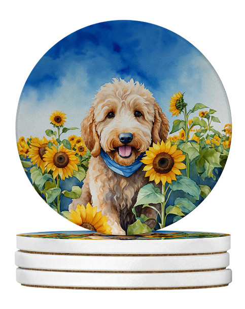 Goldendoodle in Sunflowers Large Sandstone Absorbent Round Coasters Pack of 4 product image at NuMercy