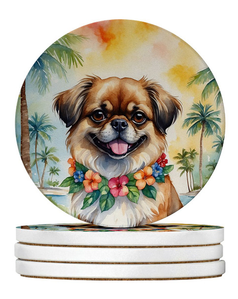 Tibetan Spaniel Luau Large Sandstone Absorbent Round Coasters Pack of 4 product image at NuMercy