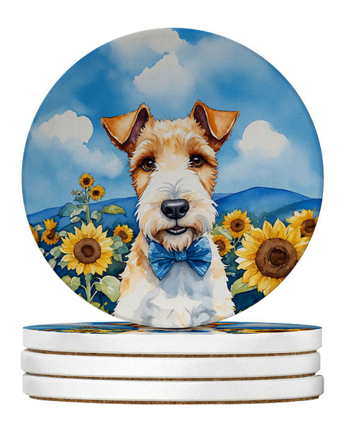 Fox Terrier in Sunflowers Large Sandstone Absorbent Round Coasters Pack of 4 product image at NuMercy
