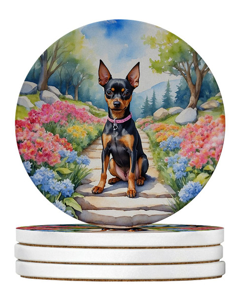 Miniature Pinscher Spring Path Large Sandstone Absorbent Round Coasters Pack of 4 product image at NuMercy