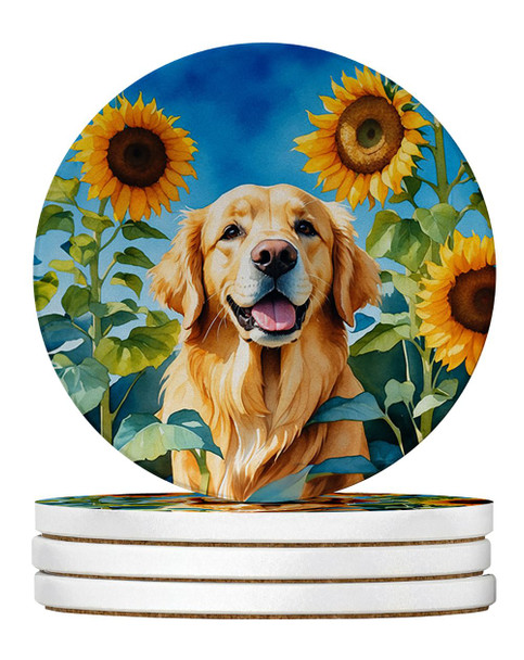 Golden Retriever in Sunflowers Large Sandstone Absorbent Round Coasters Pack of 4 product image at NuMercy