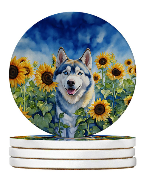 Siberian Husky in Sunflowers Large Sandstone Absorbent Round Coasters Pack of 4 DAC6163 product image at NuMercy