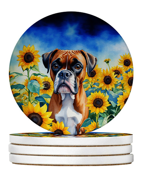 Boxer in Sunflowers Large Sandstone Absorbent Round Coasters Pack of 4 DAC6037 product image at NuMercy