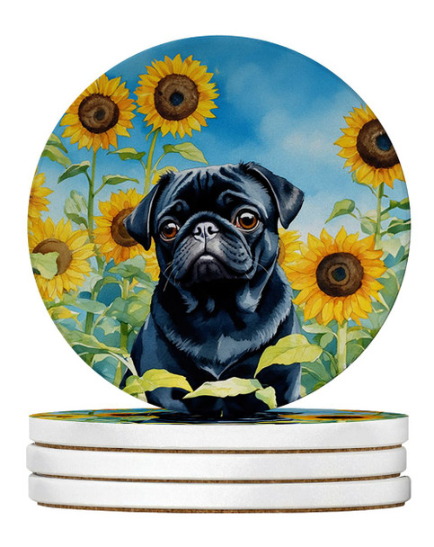 Pug in Sunflowers Large Sandstone Absorbent Round Coasters Pack of 4 DAC6144 product image at NuMercy
