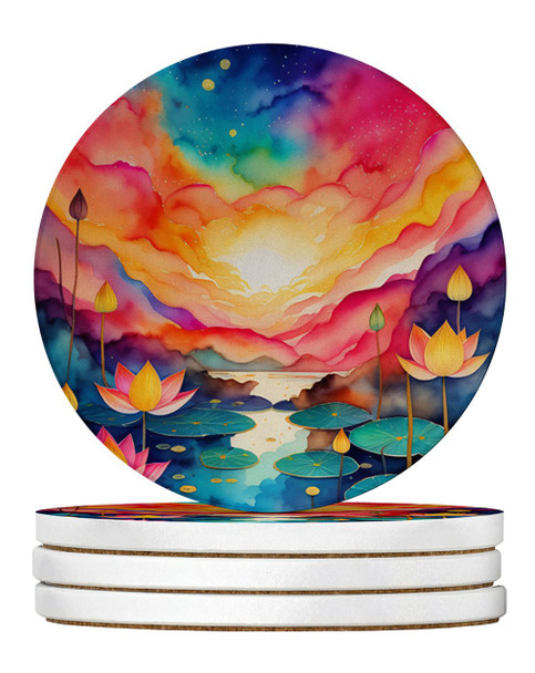 Colorful Lotus Large Sandstone Absorbent Round Coasters Pack of 4 product image at NuMercy