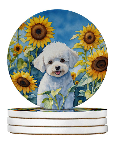 Bichon Frise in Sunflowers Large Sandstone Absorbent Round Coasters Pack of 4 product image at NuMercy