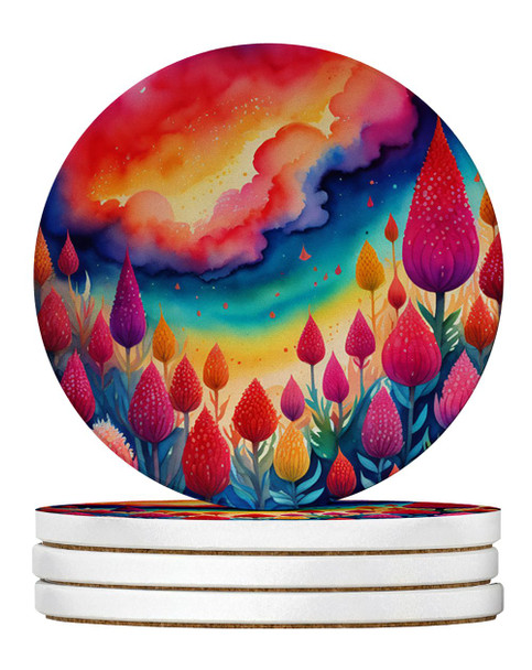 Colorful Celosia Large Sandstone Absorbent Round Coasters Pack of 4 product image at NuMercy