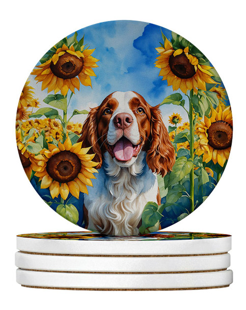 Welsh Springer Spaniel in Sunflowers Large Sandstone Absorbent Round Coasters Pack of 4 product image at NuMercy