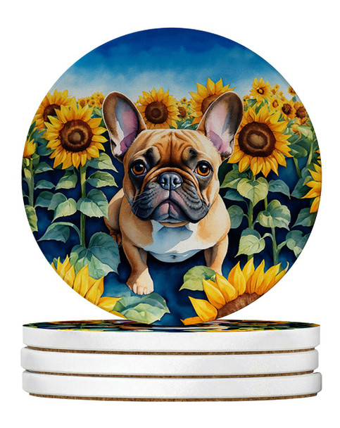 French Bulldog in Sunflowers Large Sandstone Absorbent Round Coasters Pack of 4 DAC6081 product image at NuMercy