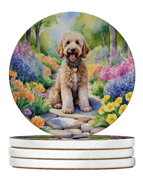 Goldendoodle Spring Path Large Sandstone Absorbent Round Coasters Pack of 4 product image at NuMercy
