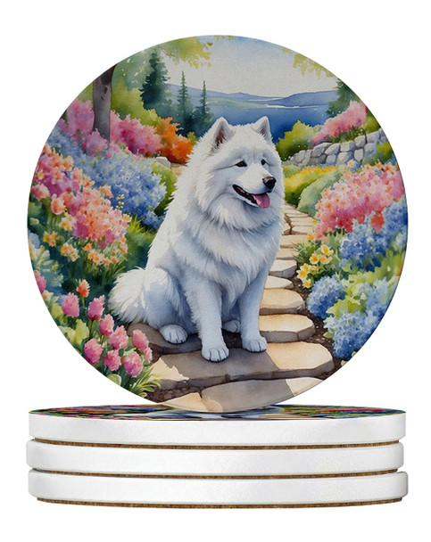 Samoyed Spring Path Large Sandstone Absorbent Round Coasters Pack of 4 product image at NuMercy