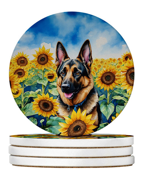 German Shepherd in Sunflowers Large Sandstone Absorbent Round Coasters Pack of 4 product image at NuMercy