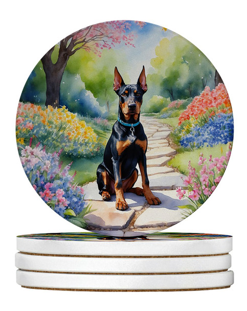 Doberman Pinscher Spring Path Large Sandstone Absorbent Round Coasters Pack of 4 product image at NuMercy