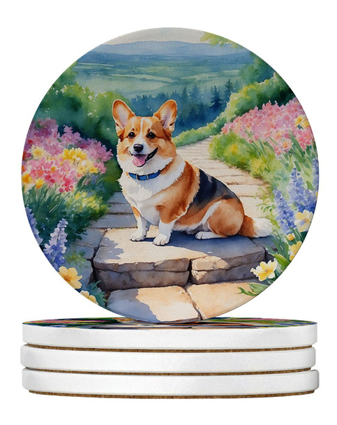 Corgi Spring Path Large Sandstone Absorbent Round Coasters Pack of 4 DAC6610 product image at NuMercy