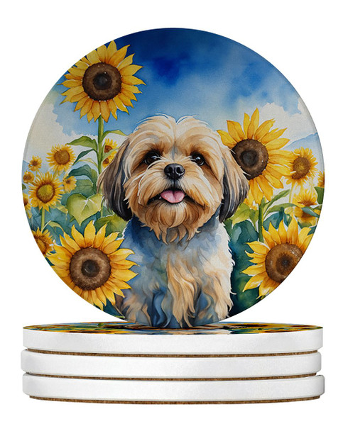 Lhasa Apso in Sunflowers Large Sandstone Absorbent Round Coasters Pack of 4 product image at NuMercy