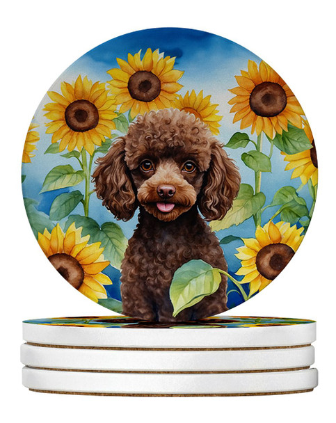 Chocolate Poodle in Sunflowers Large Sandstone Absorbent Round Coasters Pack of 4 DAC6139 product image at NuMercy