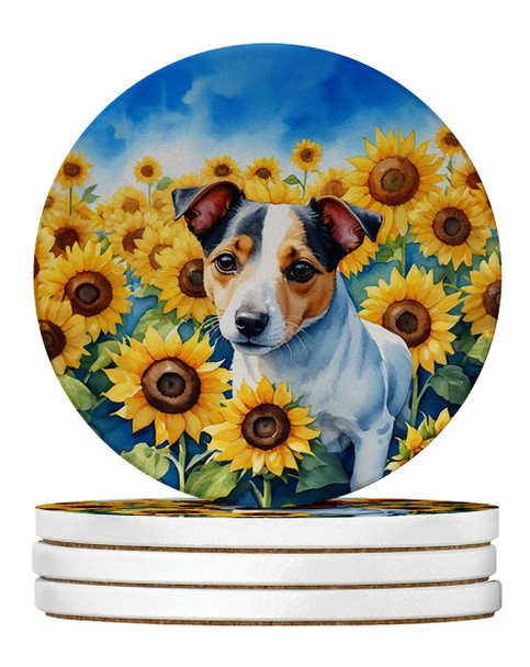 Jack Russell Terrier in Sunflowers Large Sandstone Absorbent Round Coasters Pack of 4 product image at NuMercy
