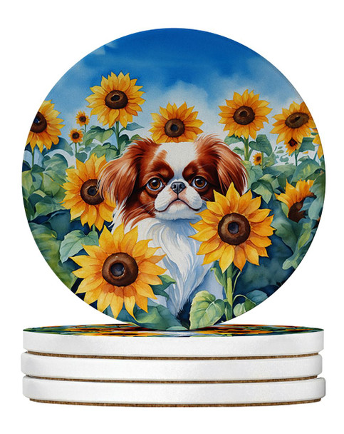 Japanese Chin in Sunflowers Large Sandstone Absorbent Round Coasters Pack of 4 DAC6104 product image at NuMercy