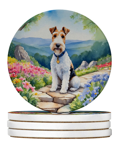 Fox Terrier Spring Path Large Sandstone Absorbent Round Coasters Pack of 4 product image at NuMercy