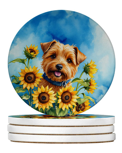 Norfolk Terrier in Sunflowers Large Sandstone Absorbent Round Coasters Pack of 4 product image at 