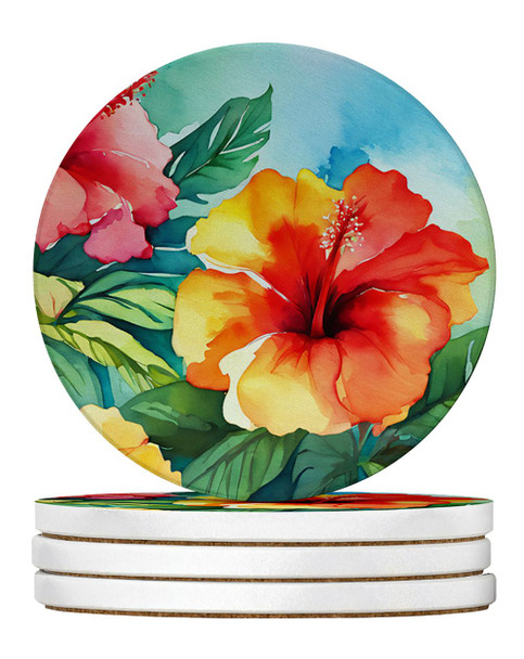 Hawaii Hawaiian Hibiscus in Watercolor Large Sandstone Absorbent Round Coasters Pack of 4 DAC1641 product image at 