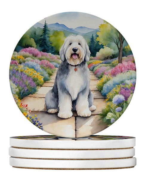 Old English Sheepdog Spring Path Large Sandstone Absorbent Round Coasters Pack of 4 product image at NuMercy