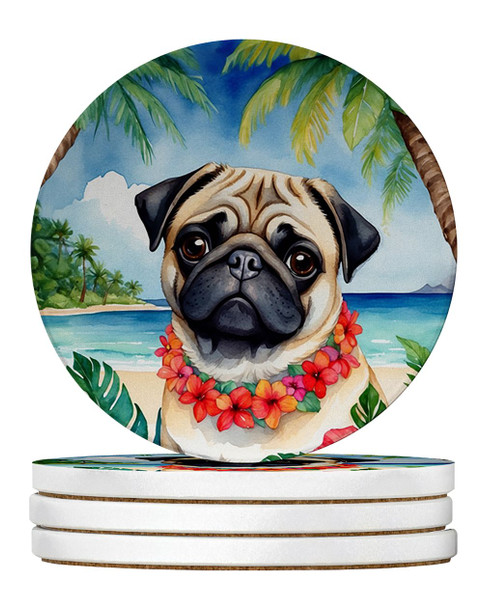 Pug Luau Large Sandstone Absorbent Round Coasters Pack of 4 product image at 