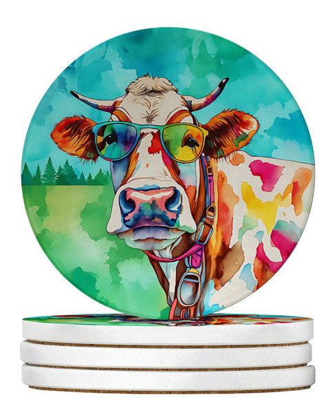 Hippie Animal Cow Large Sandstone Absorbent Round Coasters Pack of 4 DAC3996 product image at 