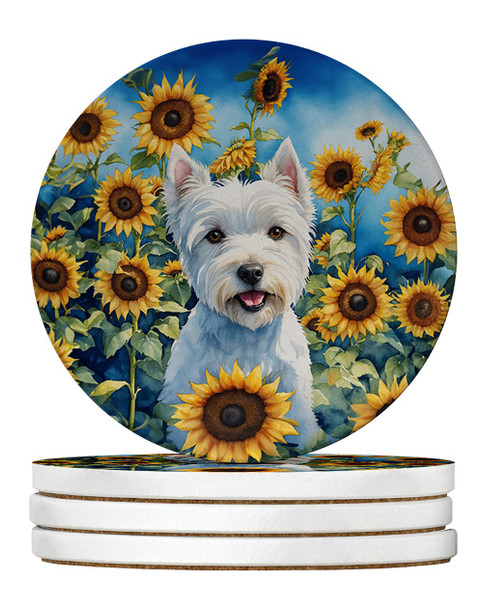 Westie in Sunflowers Large Sandstone Absorbent Round Coasters Pack of 4 DAC6173 product image at NuMercy