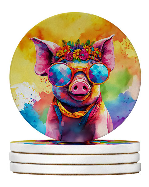 Hippie Animal Pig Large Sandstone Absorbent Round Coasters Pack of 4 DAC4026 product image at NuMercy