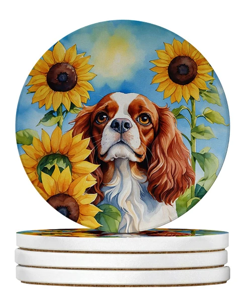 Cavalier Spaniel in Sunflowers Large Sandstone Absorbent Round Coasters Pack of 4 DAC6047 product image at NuMercy