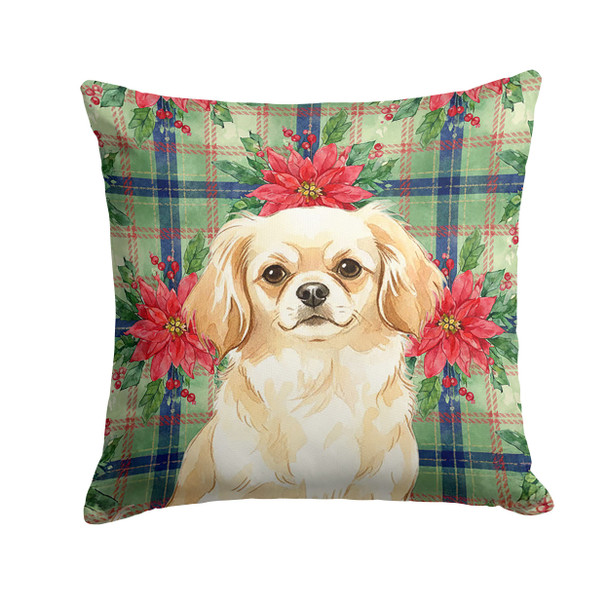 Cream Tibetan Spaniel Christmas Poinsettias Throw Pillow 18" x 18" product image at NuMercy