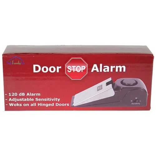 Super Door Stop Alarm, red box with white text, 120 dB alarm, adjustable sensitivity, for all hinged doors, black and silver device.