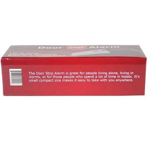 Red box with barcode and text, Super Door Stop Alarm product packaging, featuring product information and branding details.
