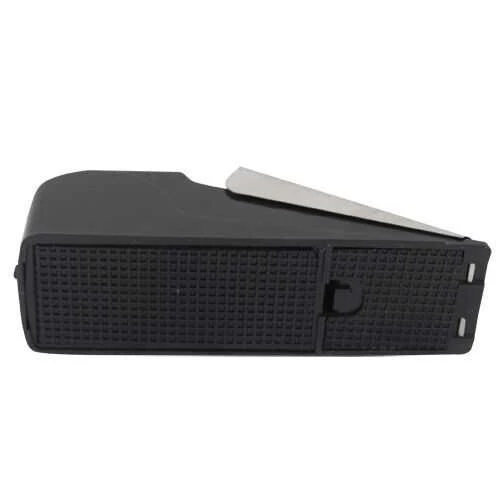Black Super Door Stop Alarm with silver metal piece, textured surface, and rectangular shape with rounded edges.