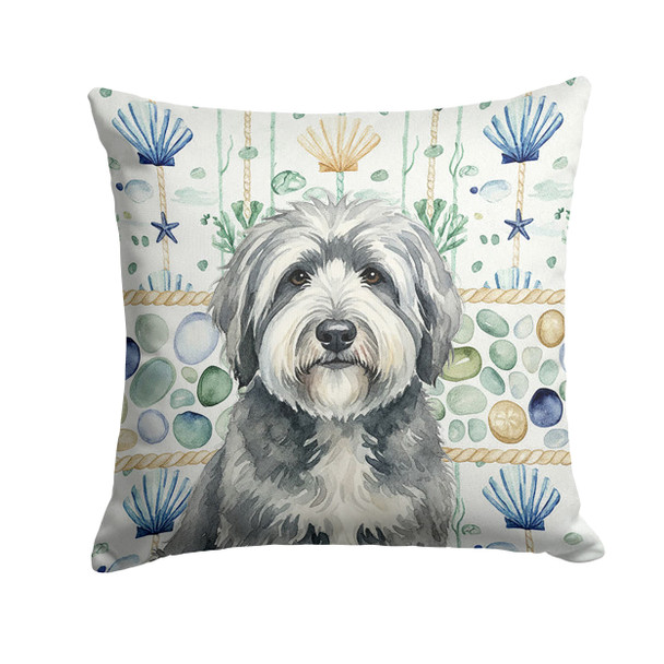 Gray and White Old English Sheepdog Coastal Sea Glass Throw Pillow 18" x 18" product image at NuMercy