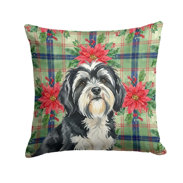 Black and White Tibetan Terrier Christmas Poinsettias Throw Pillow 18" x 18" product image at NuMercy