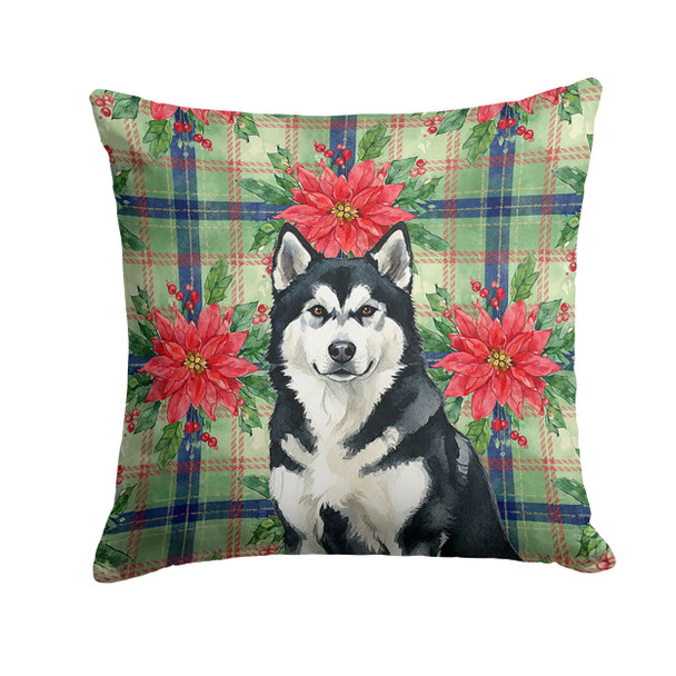 Black and White Alaskan Malamute Christmas Poinsettias Throw Pillow 18" x 18" product image at NuMercy