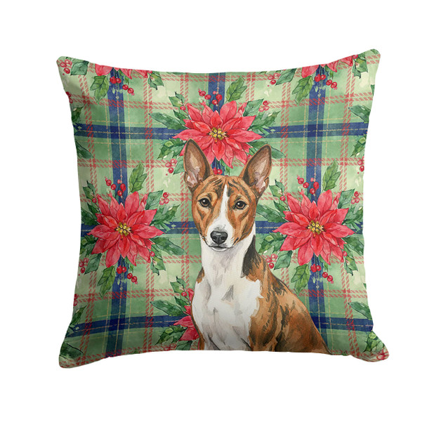 Brindle and White Basenji Christmas Poinsettias Throw Pillow 18" x 18" product image at NuMercy