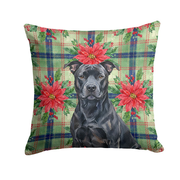 Black American Staffordshire Terrier Christmas Poinsettias Throw Pillow 18" x 18" product image at NuMercy
