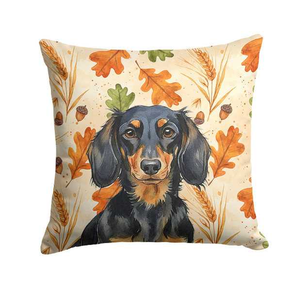 Longhaired Black and Tan Dachshund Heirloom Fall Throw Pillow 18" x 18" product image at NuMercy