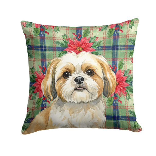 Gold and White Shih Tzu Christmas Poinsettias Throw Pillow 18" x 18" product image at NuMercy