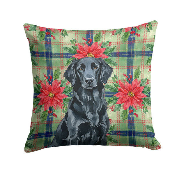 Black Flat-Coated Retriever Christmas Poinsettias Throw Pillow 18" x 18" product image at NuMercy