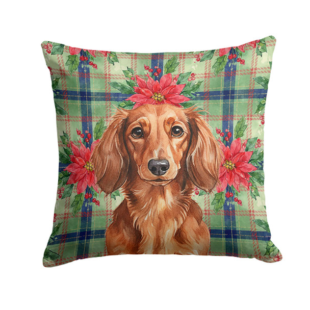 Longhaired Red Dachshund Christmas Poinsettias Throw Pillow 18" x 18" product image at NuMercy
