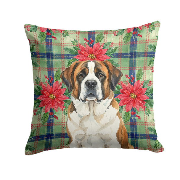 Brindle and White Saint Bernard Christmas Poinsettias Throw Pillow 18" x 18" product image at NuMercy