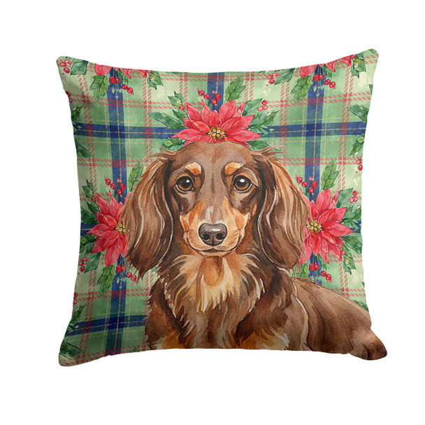 Longhaired Chocolate and Tan Dachshund Christmas Poinsettias Throw Pillow 18" x 18" product image at NuMercy
