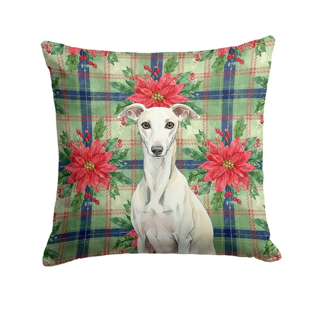White Whippet Christmas Poinsettias Throw Pillow 18" x 18" product image at NuMercy