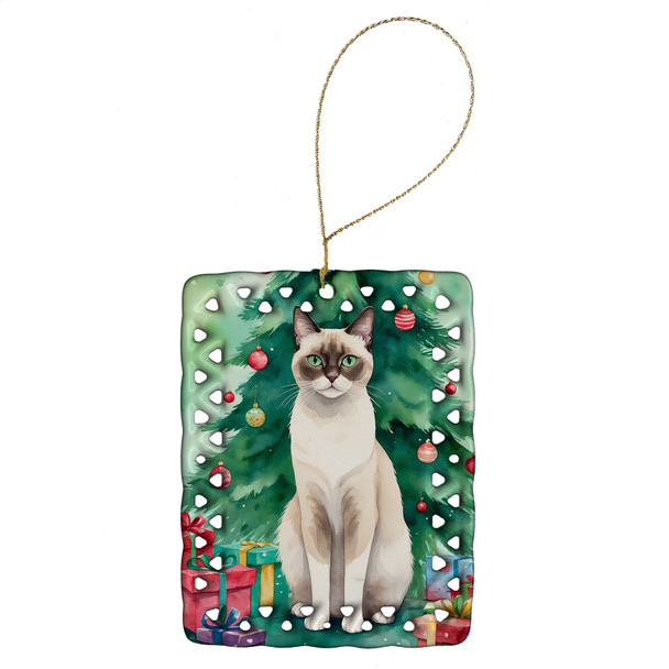 Snowshoe Cat By the Christmas Tree Porcelain Ornament product image at NuMercy
