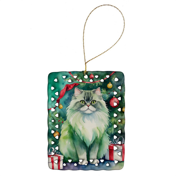 Persian Cat By the Christmas Tree Porcelain Ornament product image at NuMercy