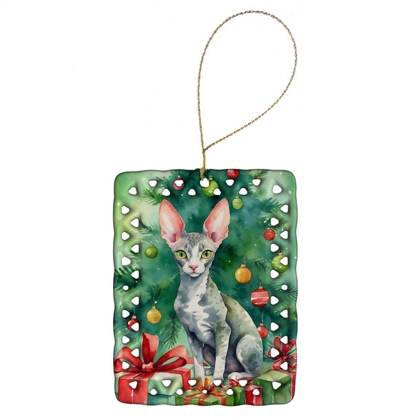 Cornish Rex Cat By the Christmas Tree Porcelain Ornament product image at NuMercy